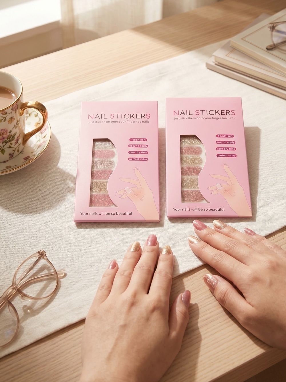 Nail Stickers Press-On Set – Pink and Gold Glitter